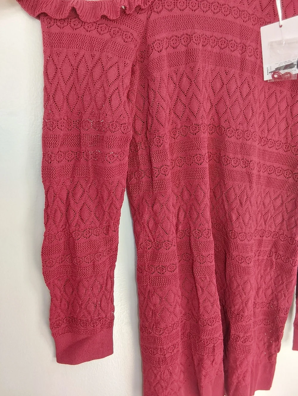 NWT LC Lauren Conrad Burgundy Ruffled Cold Shoulder Pointelle Knit Tunic - Picture 2 of 6